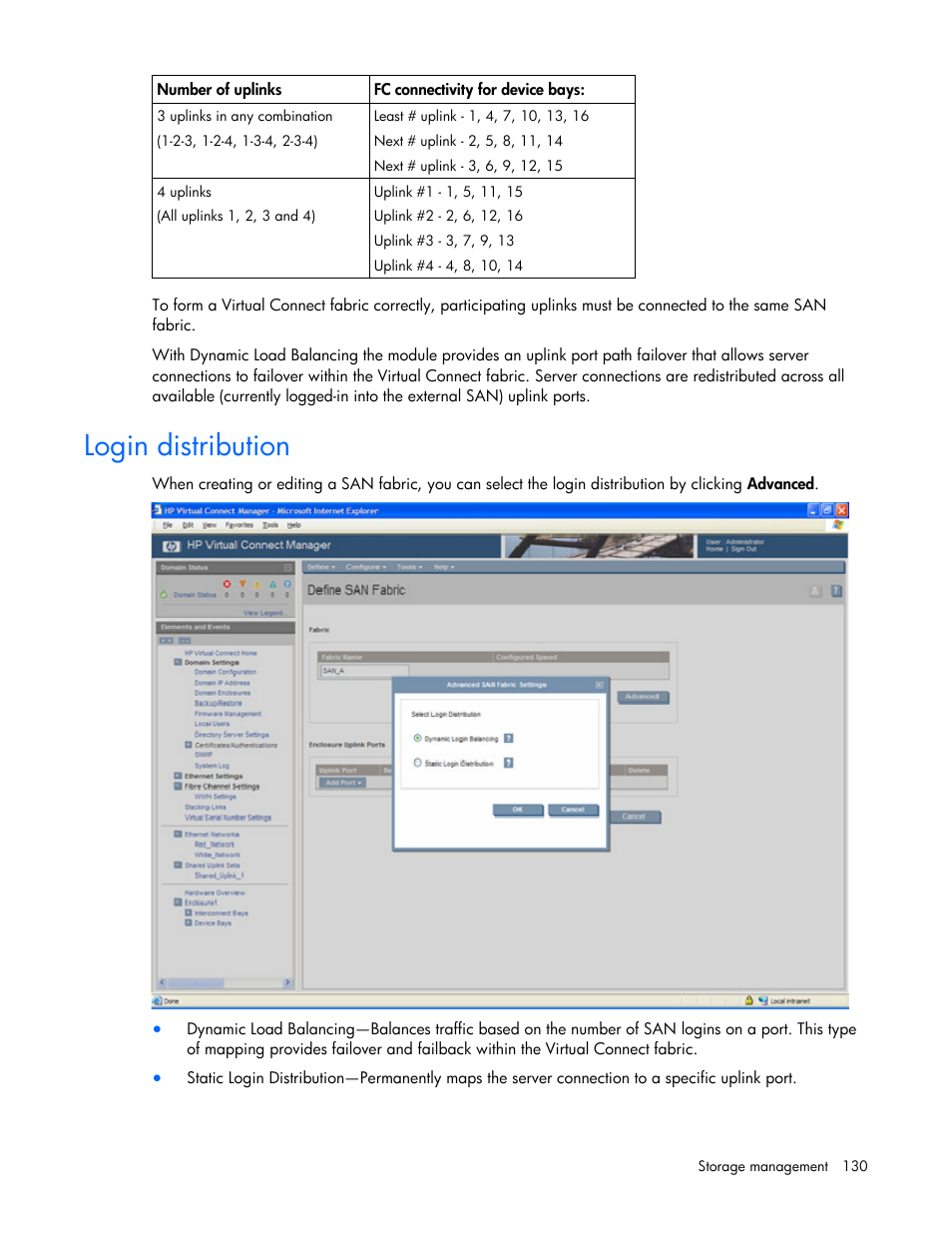 Login distribution | HP Virtual Connect 1.10Gb-F Ethernet Module for c-Class BladeSystem User Manual | Page 130 / 242