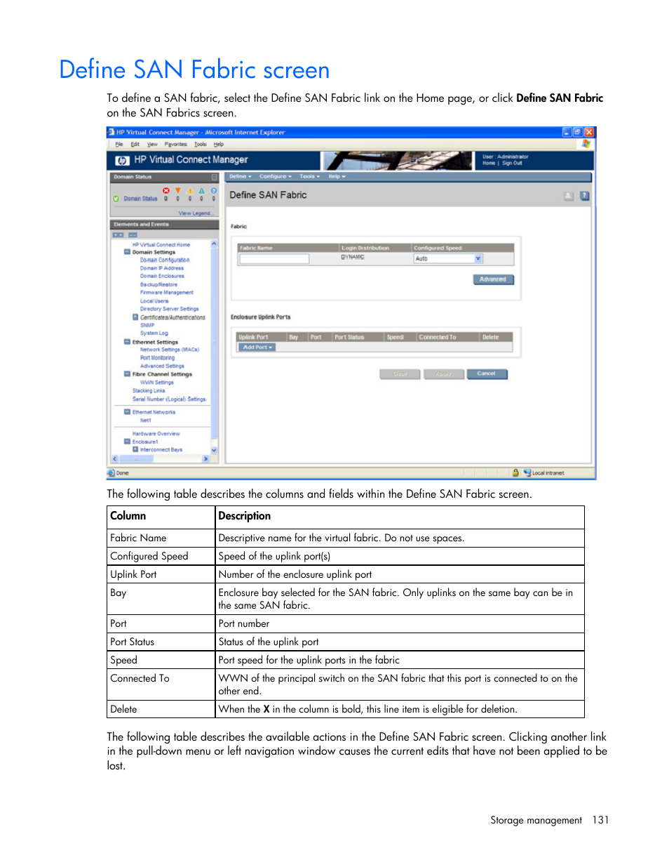 Define san fabric screen | HP Virtual Connect 1.10Gb-F Ethernet Module for c-Class BladeSystem User Manual | Page 131 / 242