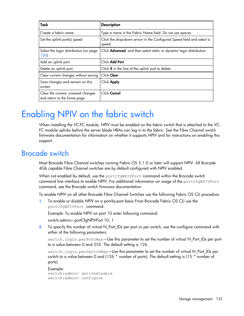 Enabling npiv on the fabric switch, Brocade switch | HP Virtual Connect 1.10Gb-F Ethernet Module for c-Class BladeSystem User Manual | Page 132 / 242