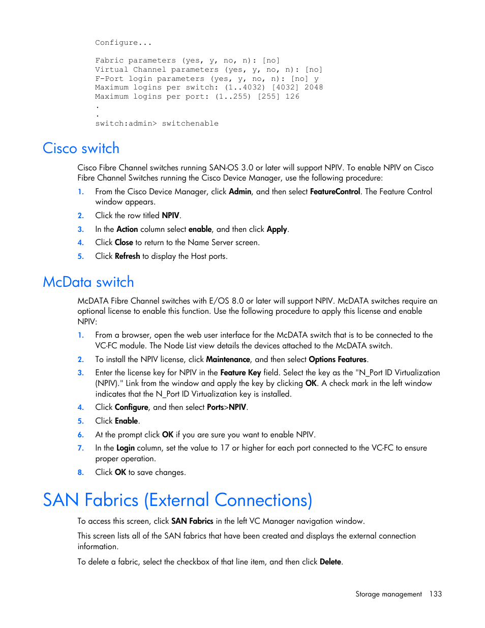 Cisco switch, Mcdata switch, San fabrics (external connections) | HP Virtual Connect 1.10Gb-F Ethernet Module for c-Class BladeSystem User Manual | Page 133 / 242