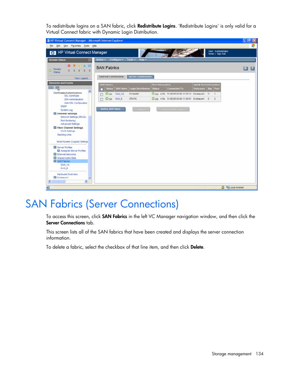 San fabrics (server connections) | HP Virtual Connect 1.10Gb-F Ethernet Module for c-Class BladeSystem User Manual | Page 134 / 242