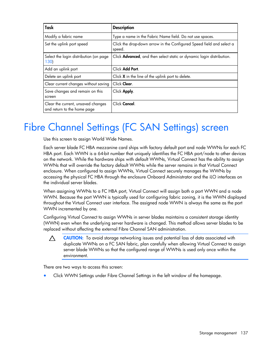 Fibre channel settings (fc san settings) screen | HP Virtual Connect 1.10Gb-F Ethernet Module for c-Class BladeSystem User Manual | Page 137 / 242
