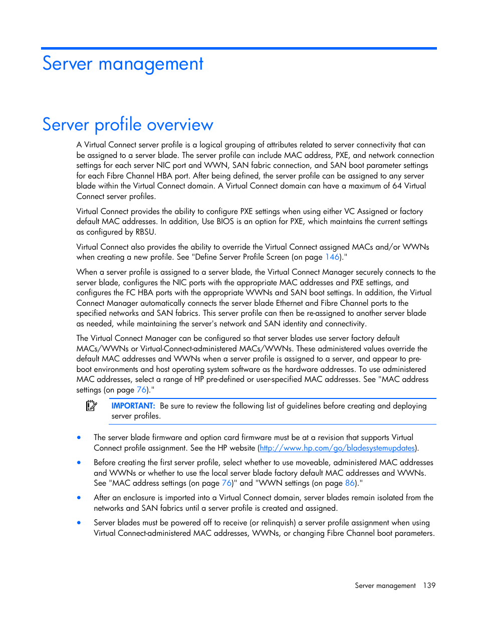 Server management, Server profile overview | HP Virtual Connect 1.10Gb-F Ethernet Module for c-Class BladeSystem User Manual | Page 139 / 242