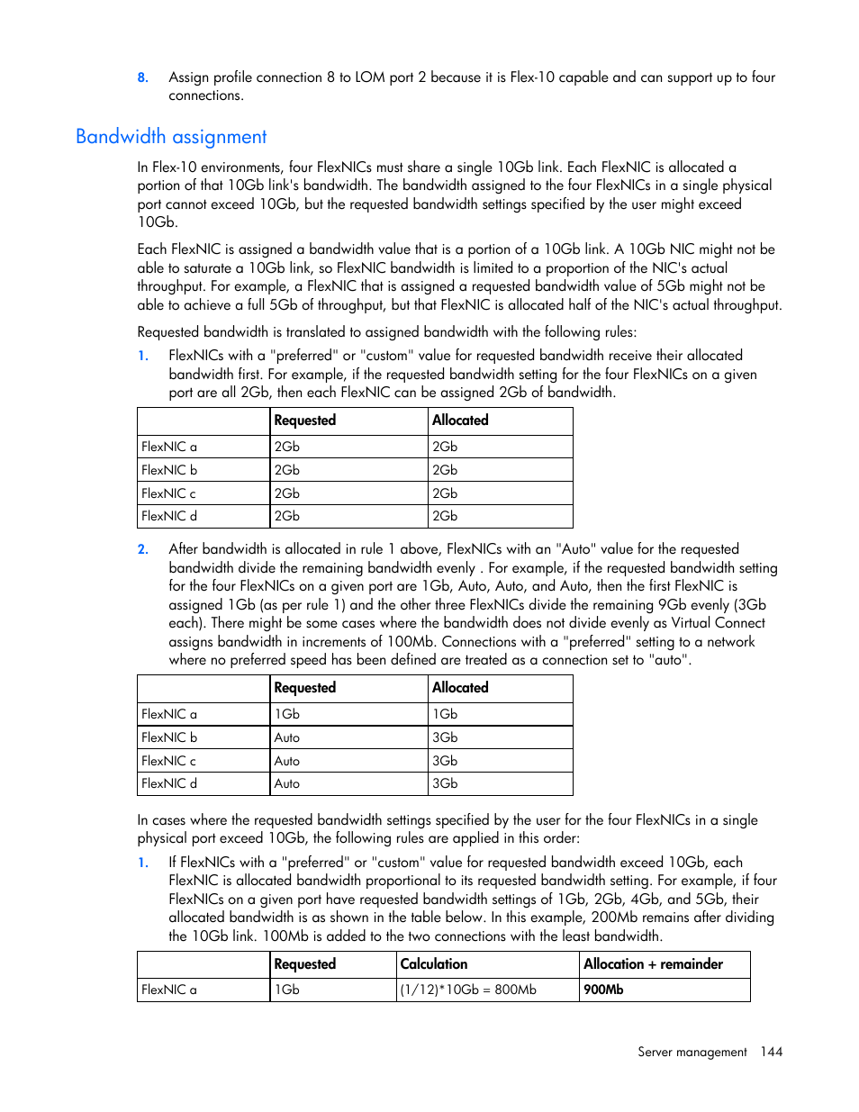 Bandwidth assignment | HP Virtual Connect 1.10Gb-F Ethernet Module for c-Class BladeSystem User Manual | Page 144 / 242