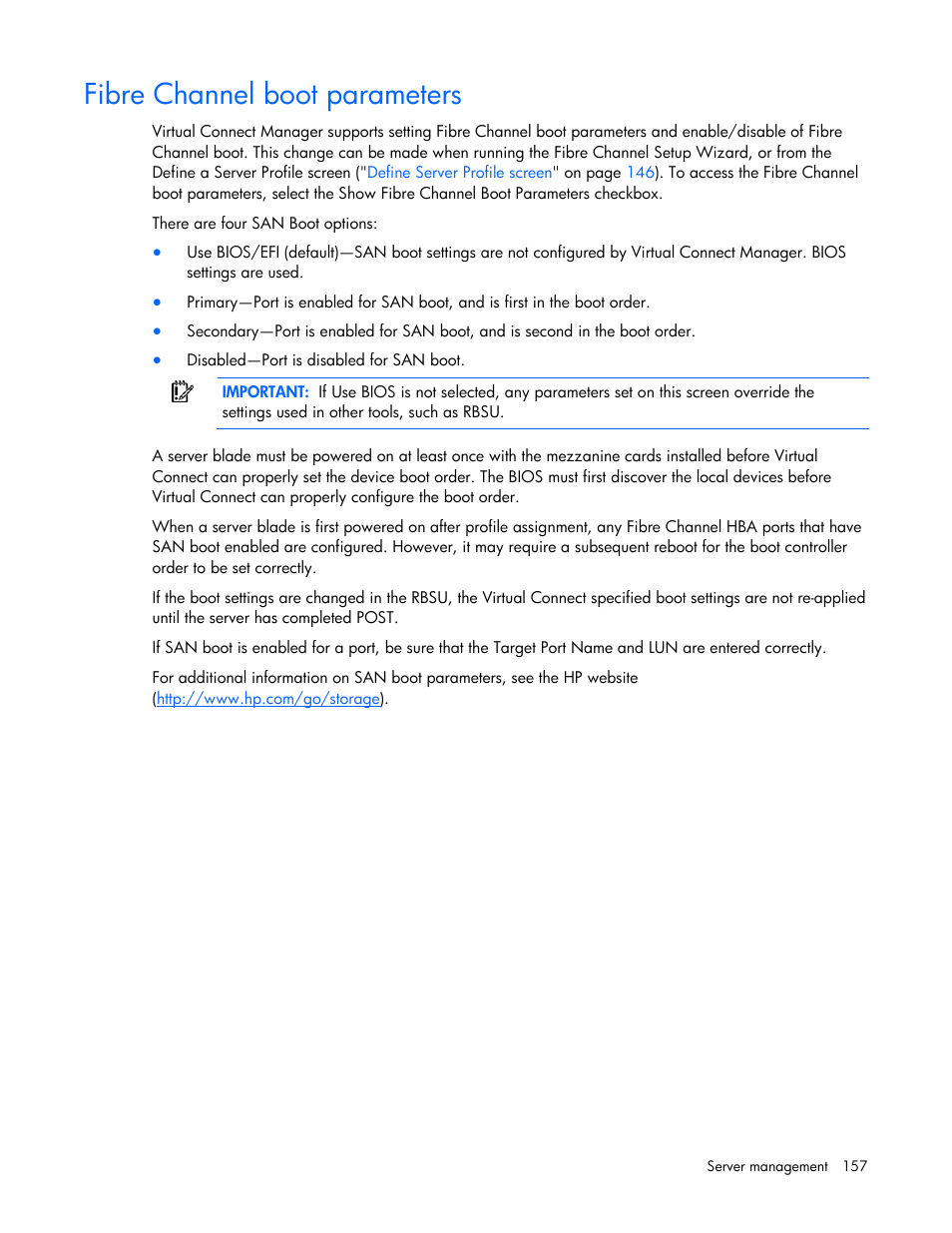 Fibre channel boot parameters | HP Virtual Connect 1.10Gb-F Ethernet Module for c-Class BladeSystem User Manual | Page 157 / 242