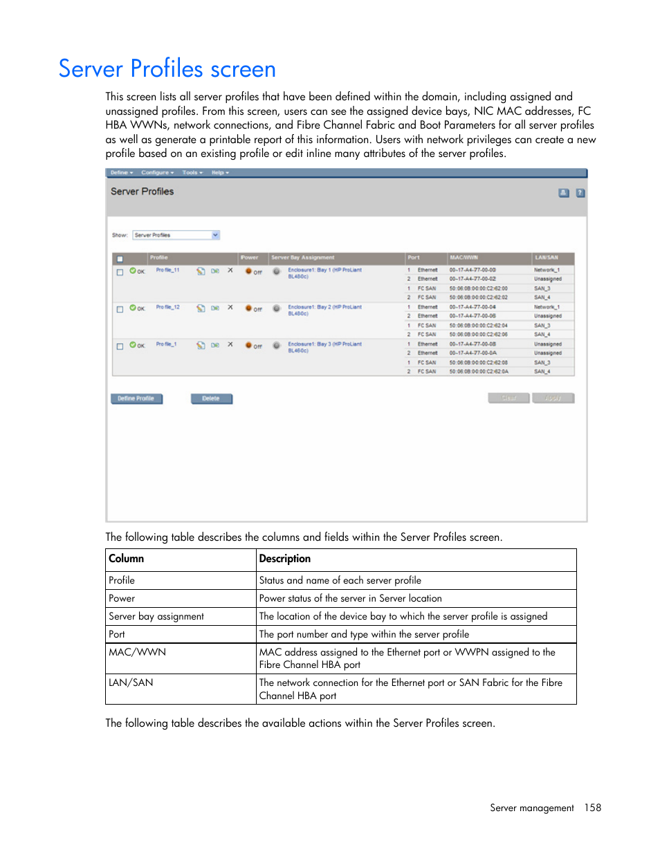 Server profiles screen, Er profile | HP Virtual Connect 1.10Gb-F Ethernet Module for c-Class BladeSystem User Manual | Page 158 / 242