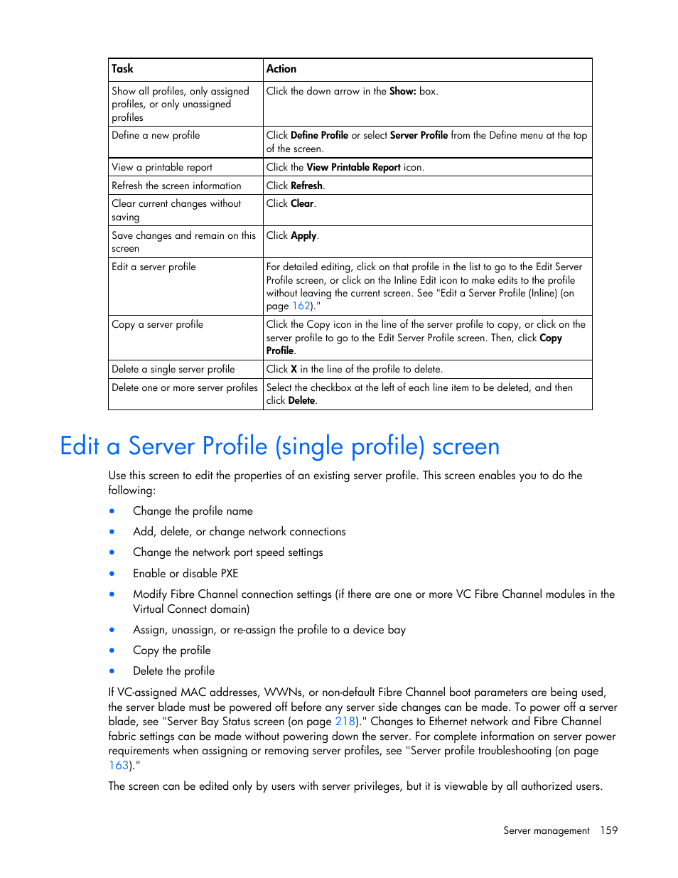 Edit a server profile (single profile) screen | HP Virtual Connect 1.10Gb-F Ethernet Module for c-Class BladeSystem User Manual | Page 159 / 242