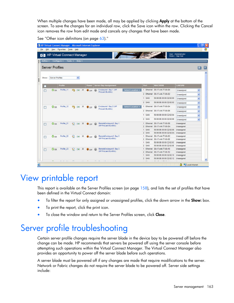 View printable report, Server profile troubleshooting | HP Virtual Connect 1.10Gb-F Ethernet Module for c-Class BladeSystem User Manual | Page 163 / 242