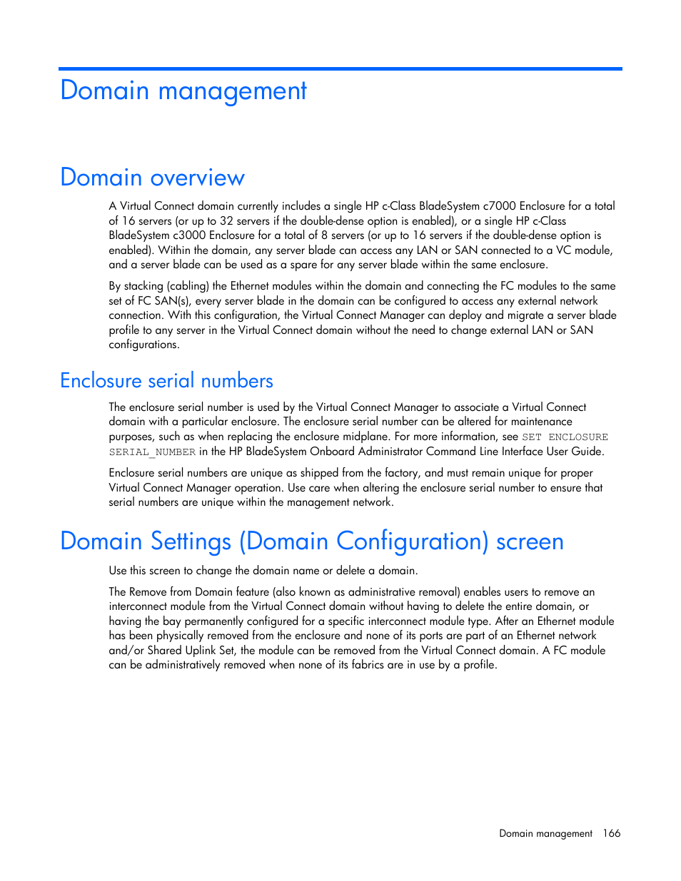 Domain management, Domain overview, Enclosure serial numbers | Domain settings (domain configuration) screen | HP Virtual Connect 1.10Gb-F Ethernet Module for c-Class BladeSystem User Manual | Page 166 / 242