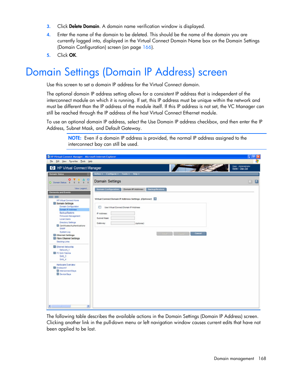 Domain settings (domain ip address) screen | HP Virtual Connect 1.10Gb-F Ethernet Module for c-Class BladeSystem User Manual | Page 168 / 242
