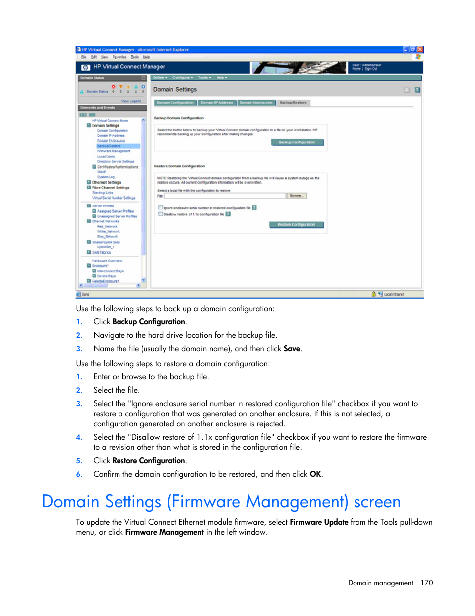 Domain settings (firmware management) screen | HP Virtual Connect 1.10Gb-F Ethernet Module for c-Class BladeSystem User Manual | Page 170 / 242