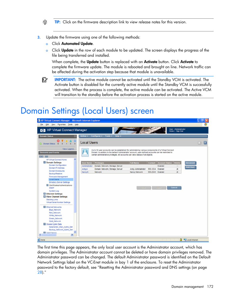 Domain settings (local users) screen | HP Virtual Connect 1.10Gb-F Ethernet Module for c-Class BladeSystem User Manual | Page 172 / 242