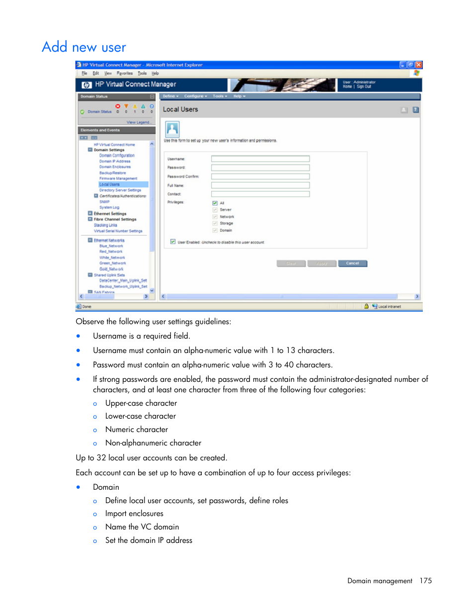 Add new user | HP Virtual Connect 1.10Gb-F Ethernet Module for c-Class BladeSystem User Manual | Page 175 / 242
