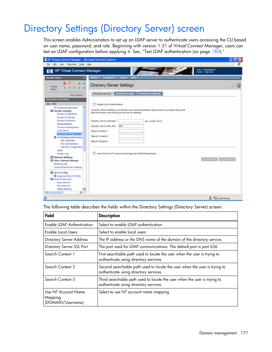 Directory settings (directory server) screen | HP Virtual Connect 1.10Gb-F Ethernet Module for c-Class BladeSystem User Manual | Page 177 / 242