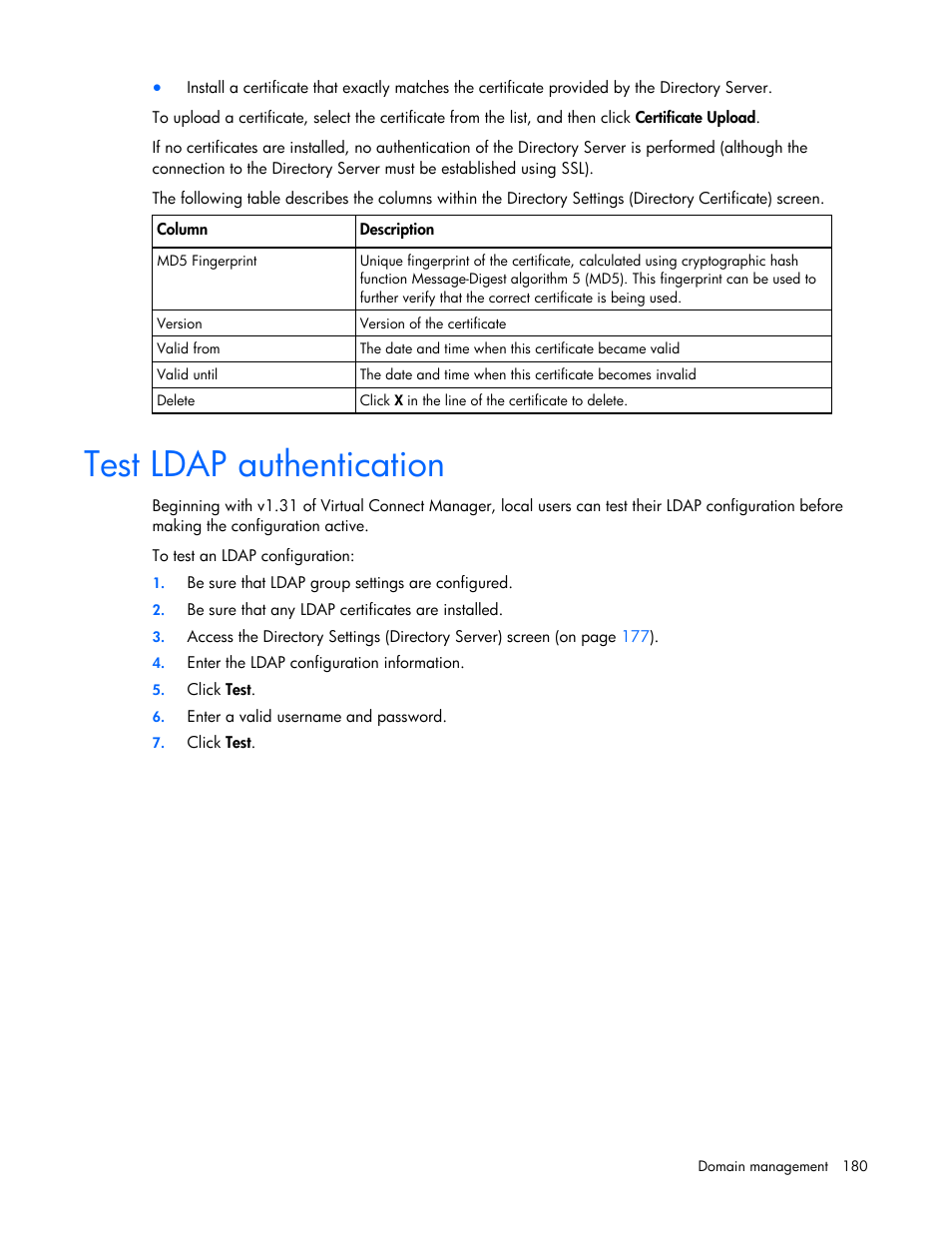 Test ldap authentication | HP Virtual Connect 1.10Gb-F Ethernet Module for c-Class BladeSystem User Manual | Page 180 / 242
