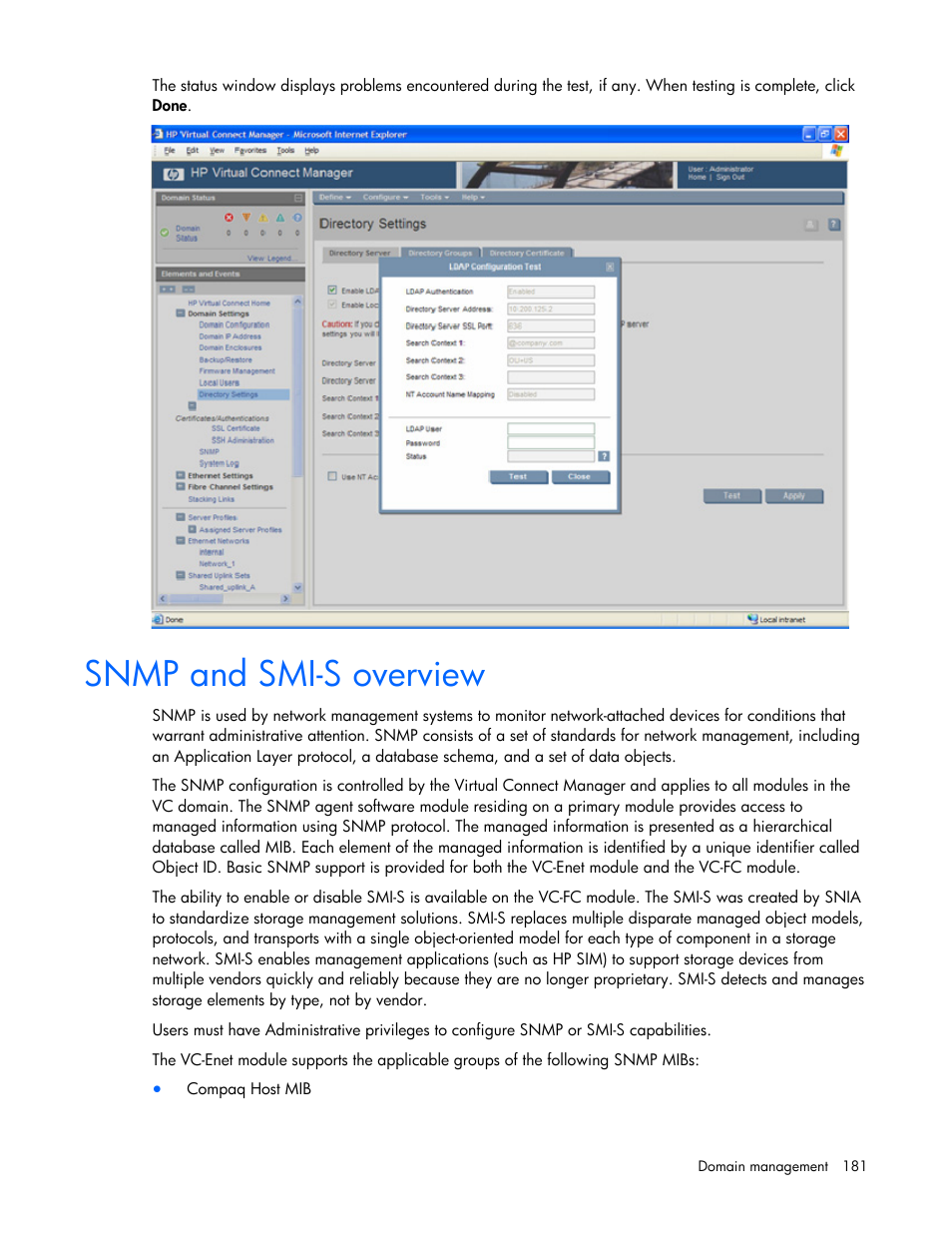 Snmp and smi-s overview | HP Virtual Connect 1.10Gb-F Ethernet Module for c-Class BladeSystem User Manual | Page 181 / 242