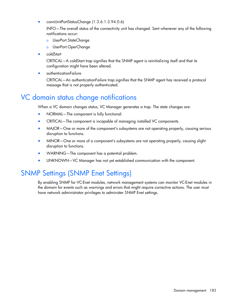 Vc domain status change notifications, Snmp settings (snmp enet settings) | HP Virtual Connect 1.10Gb-F Ethernet Module for c-Class BladeSystem User Manual | Page 183 / 242