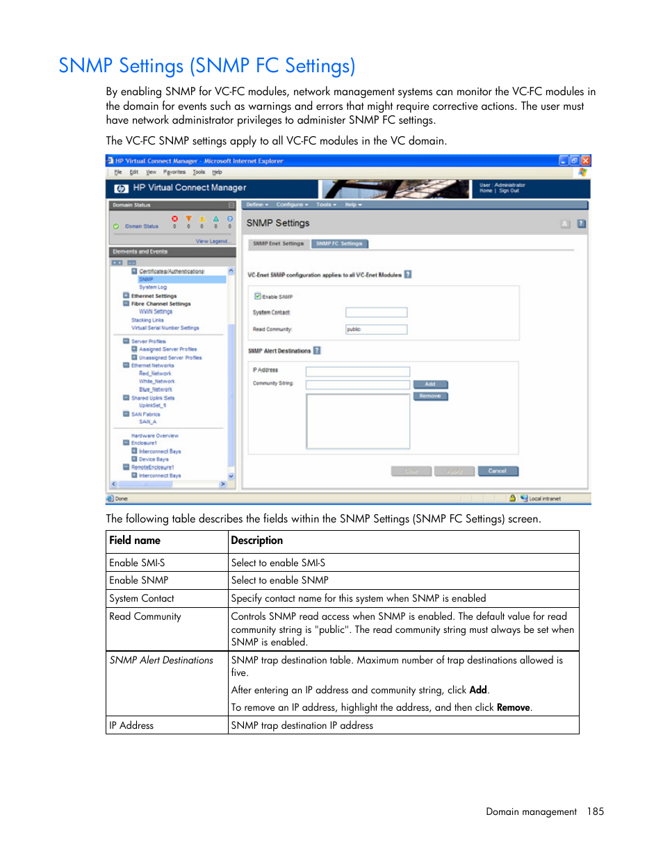 Snmp settings (snmp fc settings) | HP Virtual Connect 1.10Gb-F Ethernet Module for c-Class BladeSystem User Manual | Page 185 / 242