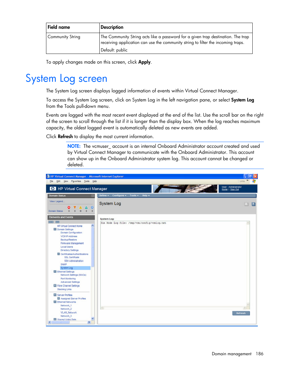 System log screen | HP Virtual Connect 1.10Gb-F Ethernet Module for c-Class BladeSystem User Manual | Page 186 / 242