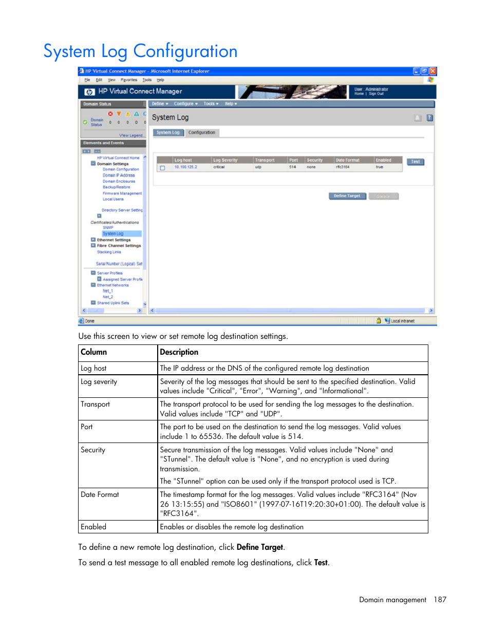 System log configuration | HP Virtual Connect 1.10Gb-F Ethernet Module for c-Class BladeSystem User Manual | Page 187 / 242
