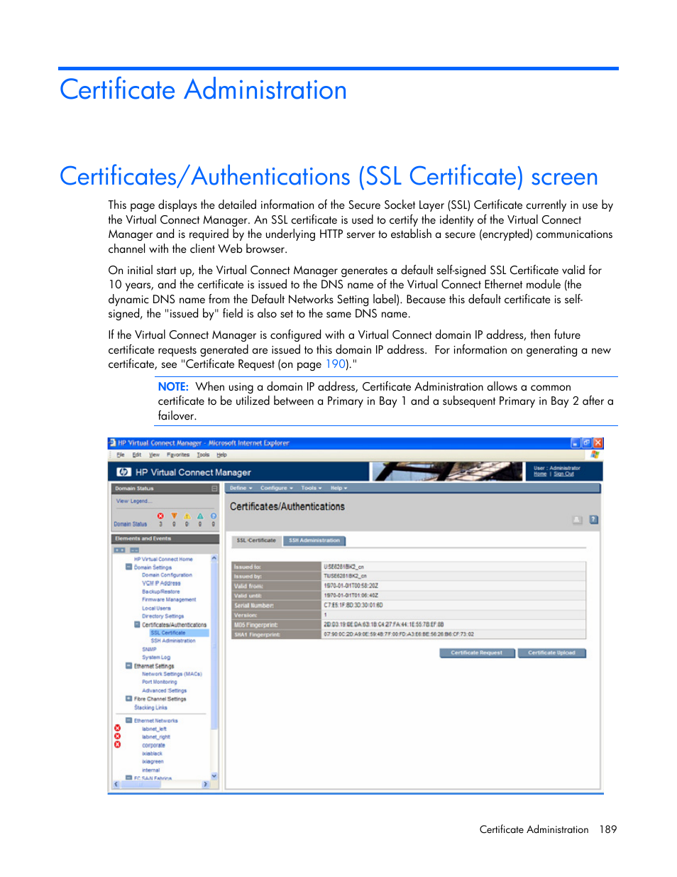 Certificate administration | HP Virtual Connect 1.10Gb-F Ethernet Module for c-Class BladeSystem User Manual | Page 189 / 242