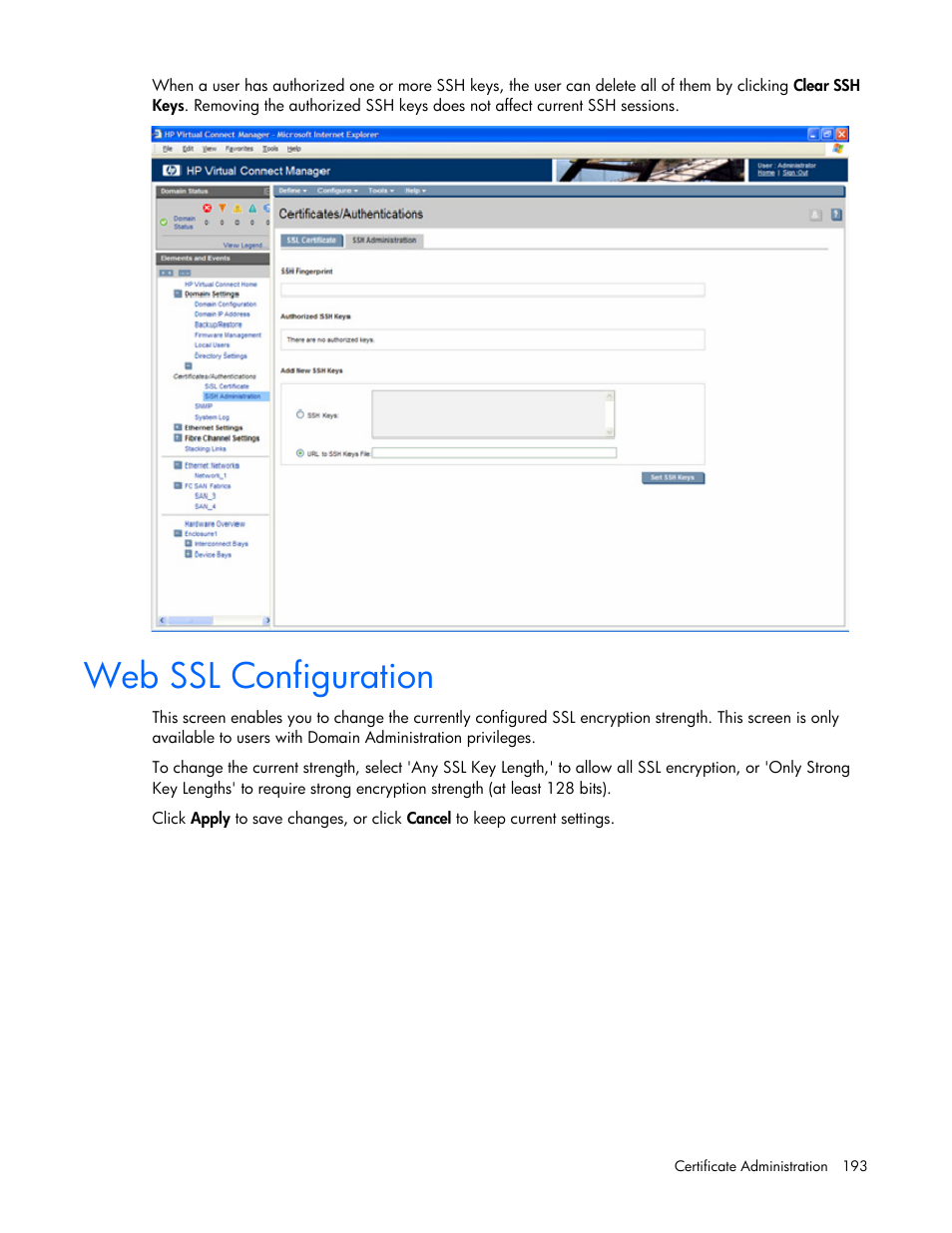 Web ssl configuration | HP Virtual Connect 1.10Gb-F Ethernet Module for c-Class BladeSystem User Manual | Page 193 / 242