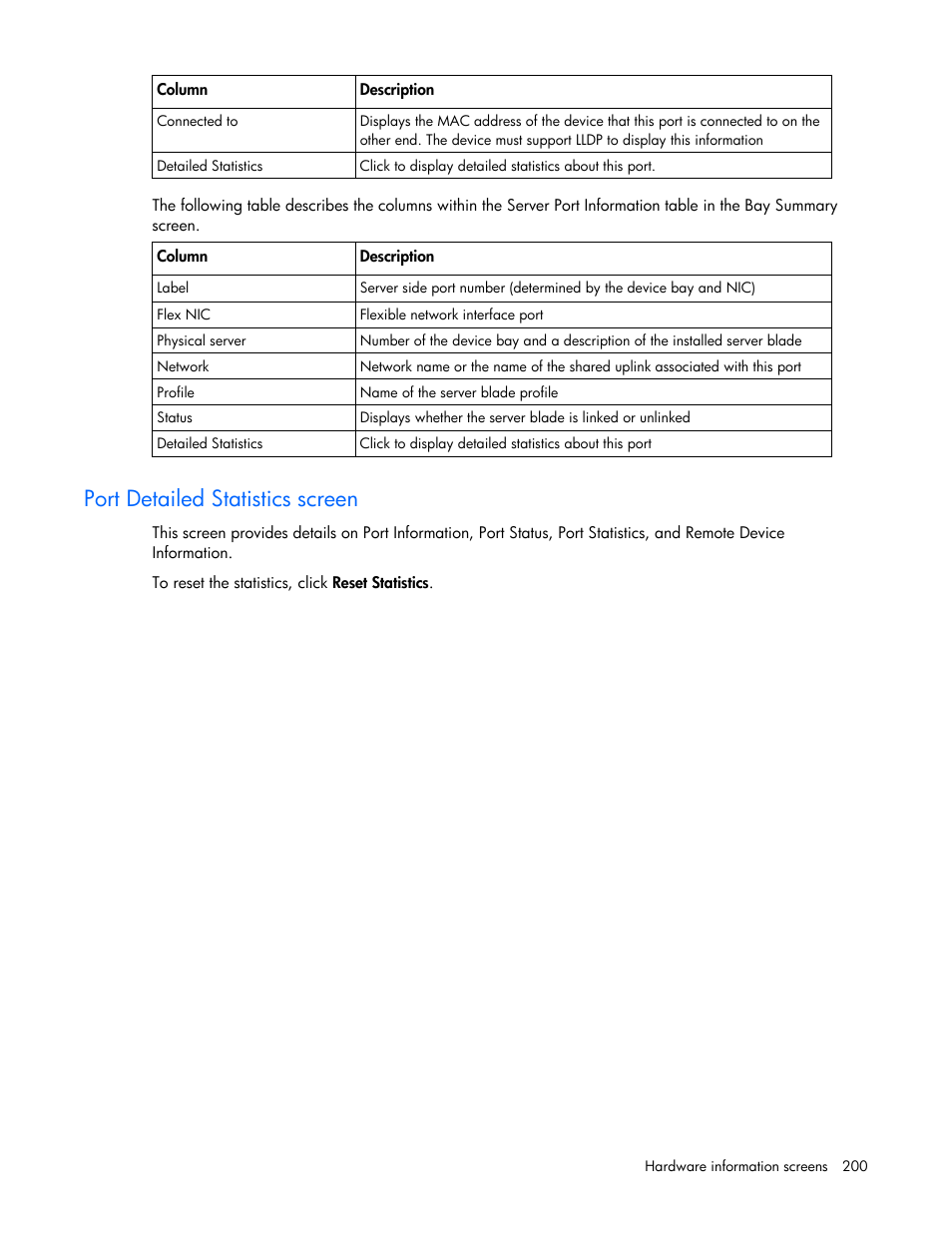 Port detailed statistics screen | HP Virtual Connect 1.10Gb-F Ethernet Module for c-Class BladeSystem User Manual | Page 200 / 242