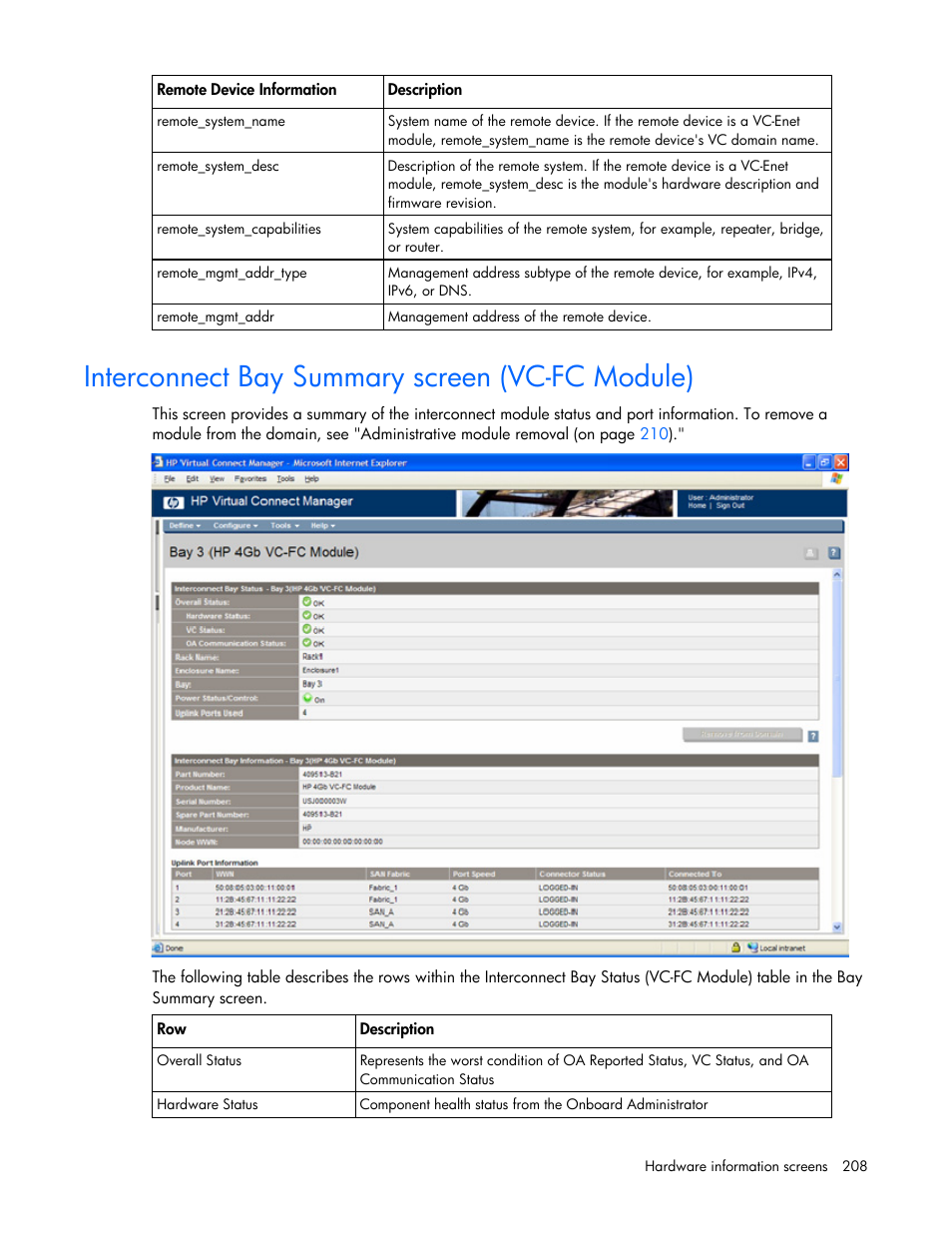 Interconnect bay summary screen (vc-fc module) | HP Virtual Connect 1.10Gb-F Ethernet Module for c-Class BladeSystem User Manual | Page 208 / 242