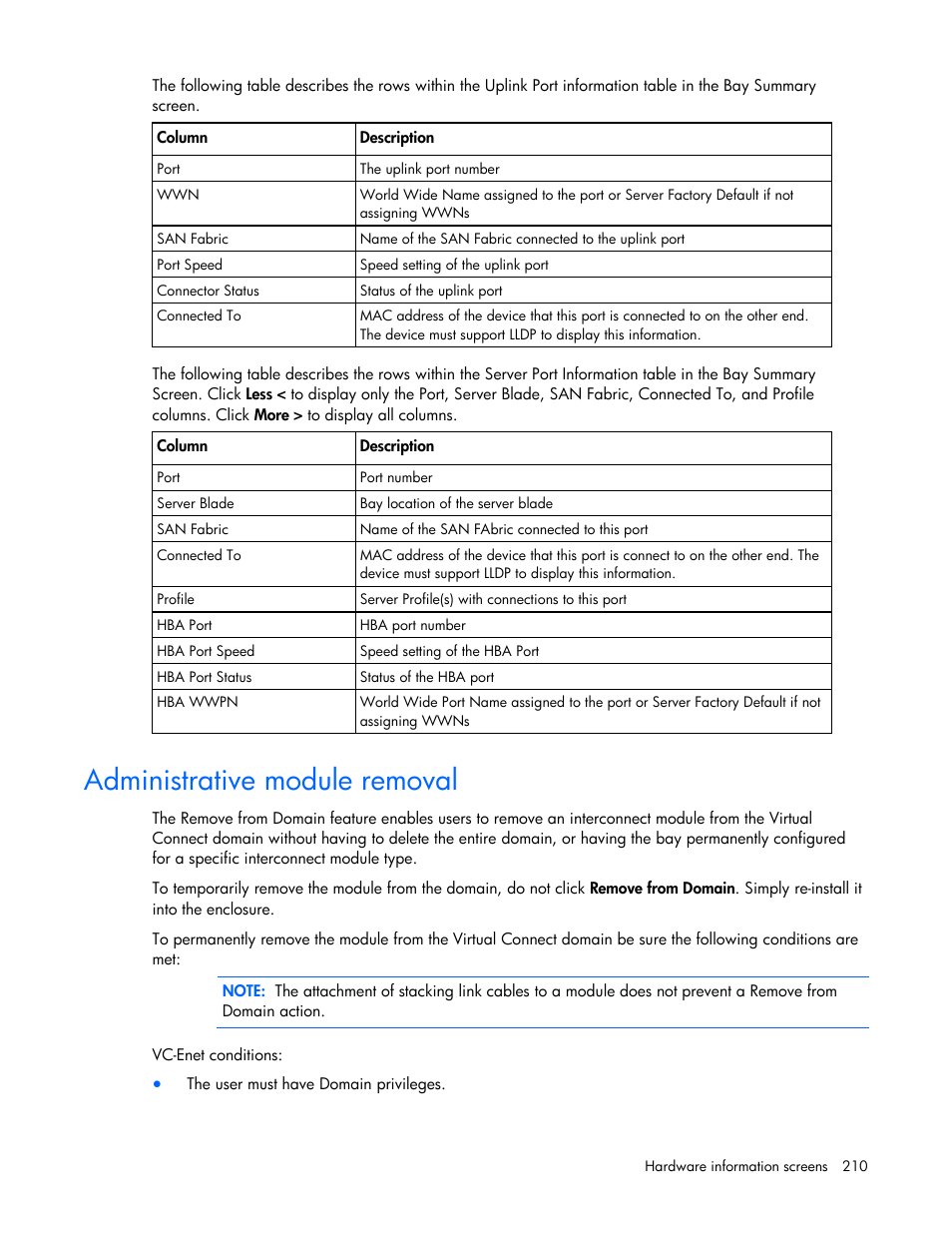 Administrative module removal, Modules | HP Virtual Connect 1.10Gb-F Ethernet Module for c-Class BladeSystem User Manual | Page 210 / 242