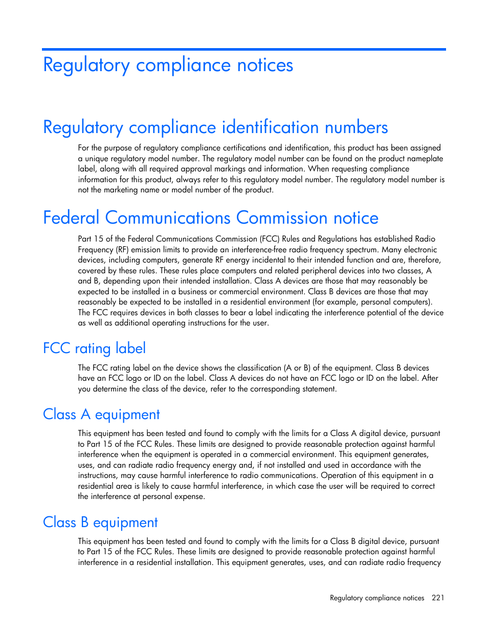 Regulatory compliance notices, Regulatory compliance identification numbers, Federal communications commission notice | Fcc rating label, Class a equipment, Class b equipment | HP Virtual Connect 1.10Gb-F Ethernet Module for c-Class BladeSystem User Manual | Page 221 / 242