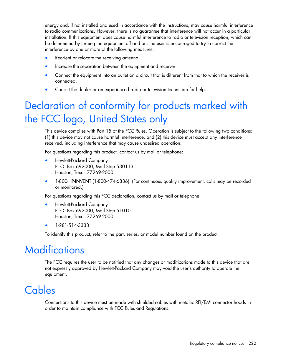 Modifications, Cables | HP Virtual Connect 1.10Gb-F Ethernet Module for c-Class BladeSystem User Manual | Page 222 / 242