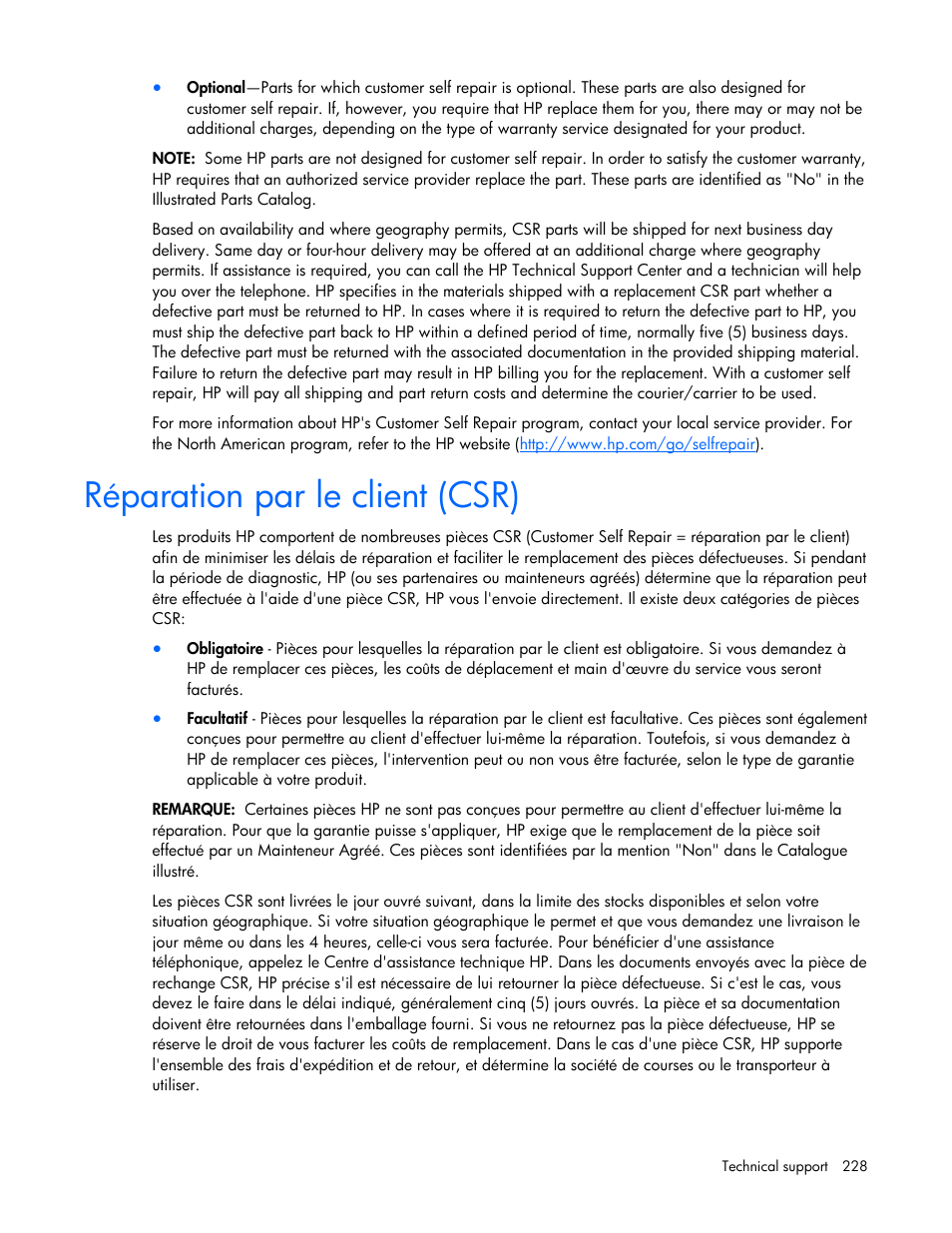 Réparation par le client (csr) | HP Virtual Connect 1.10Gb-F Ethernet Module for c-Class BladeSystem User Manual | Page 228 / 242