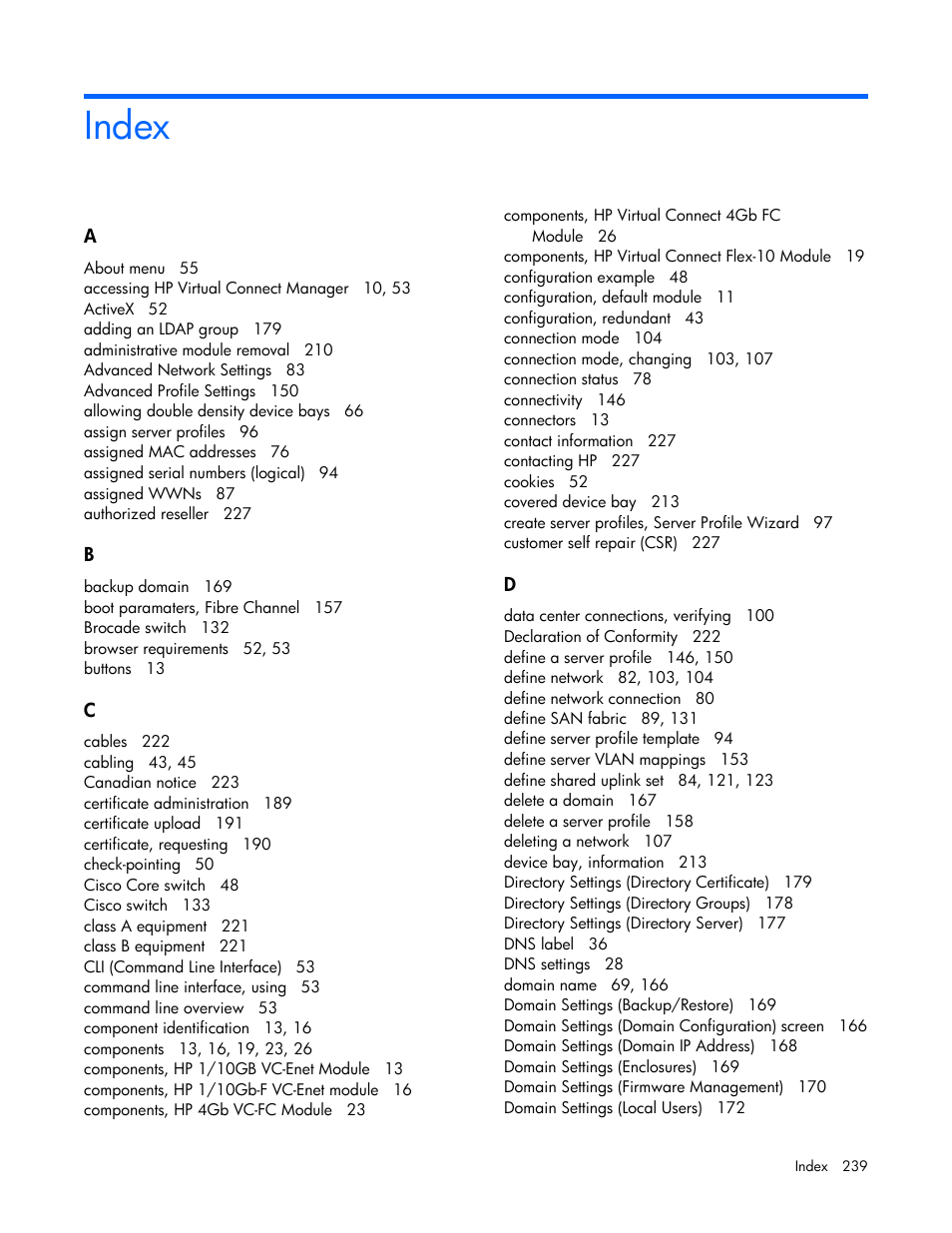 Index | HP Virtual Connect 1.10Gb-F Ethernet Module for c-Class BladeSystem User Manual | Page 239 / 242