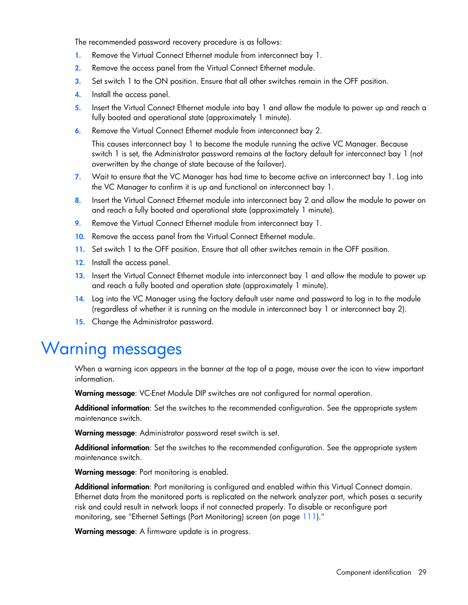 Warning messages | HP Virtual Connect 1.10Gb-F Ethernet Module for c-Class BladeSystem User Manual | Page 29 / 242