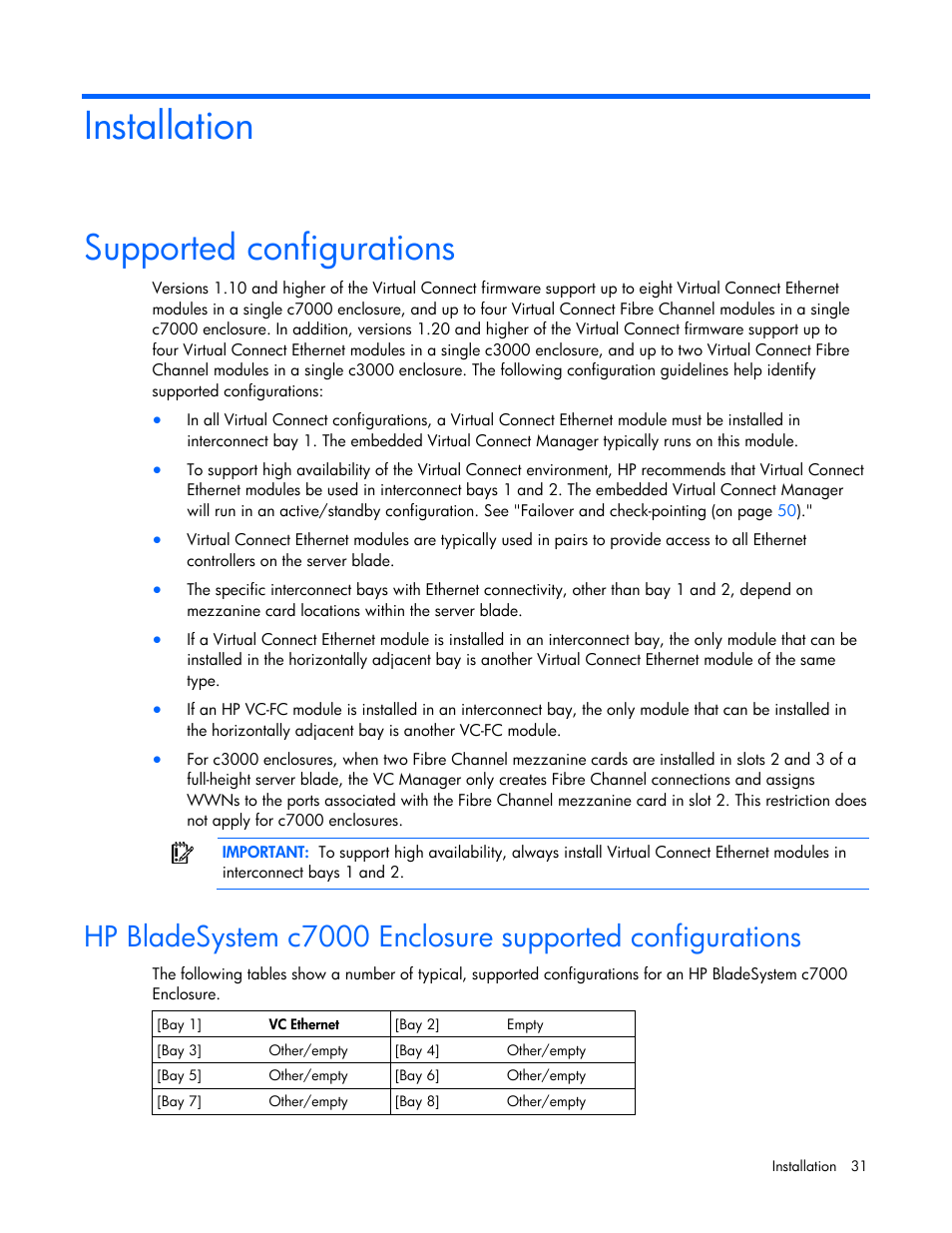 Installation, Supported configurations | HP Virtual Connect 1.10Gb-F Ethernet Module for c-Class BladeSystem User Manual | Page 31 / 242