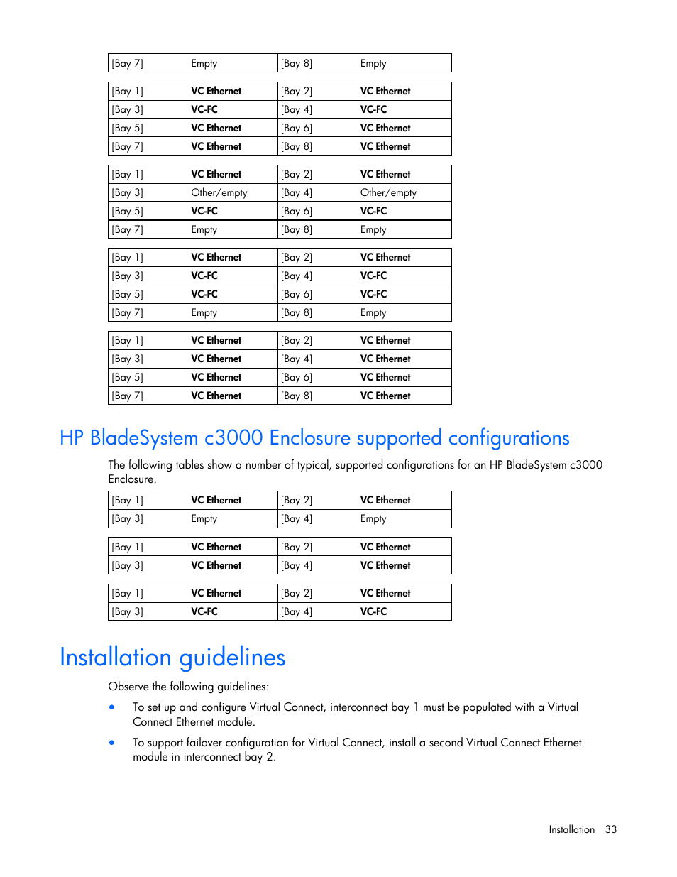 Installation guidelines | HP Virtual Connect 1.10Gb-F Ethernet Module for c-Class BladeSystem User Manual | Page 33 / 242