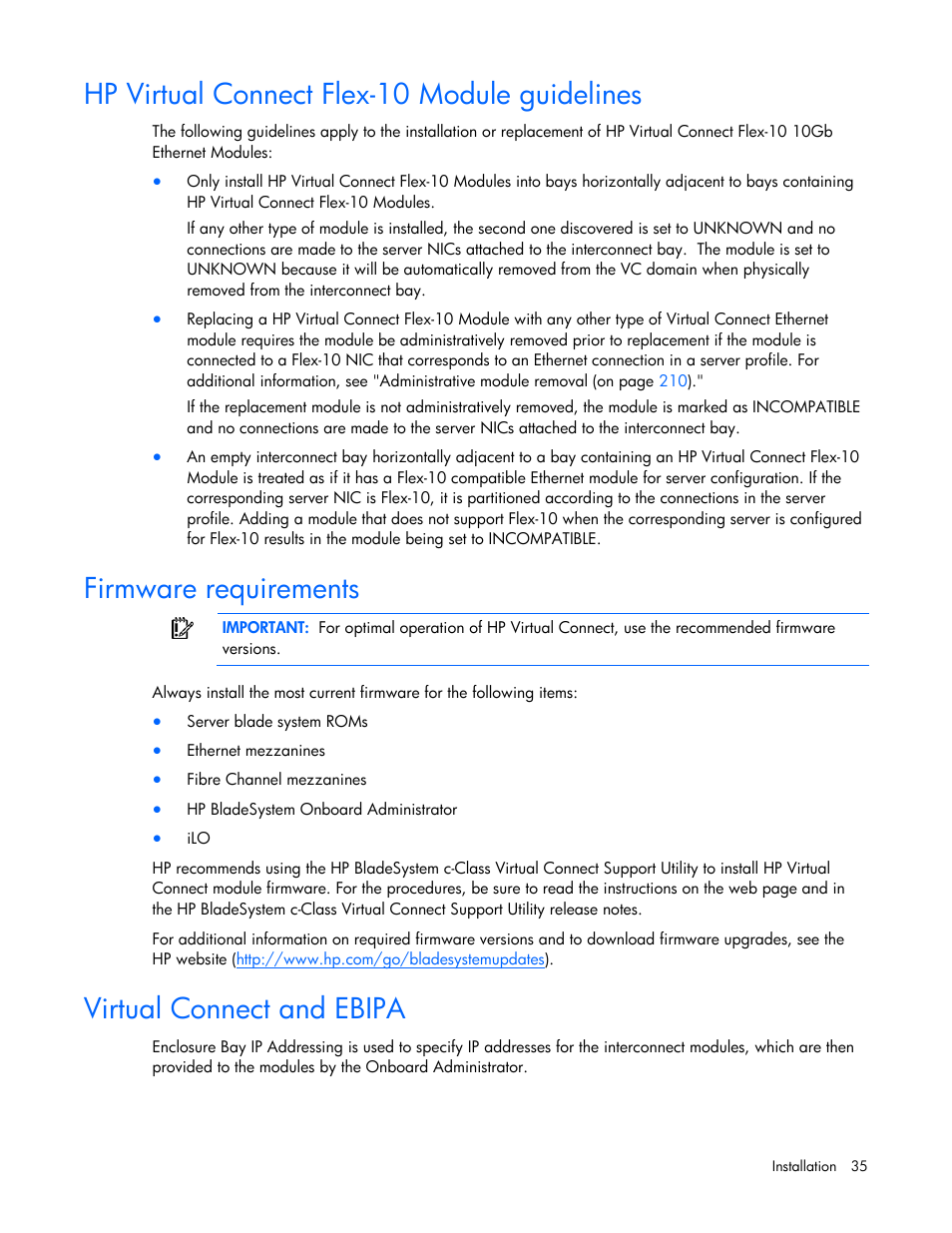 Hp virtual connect flex-10 module guidelines, Firmware requirements, Virtual connect and ebipa | HP Virtual Connect 1.10Gb-F Ethernet Module for c-Class BladeSystem User Manual | Page 35 / 242