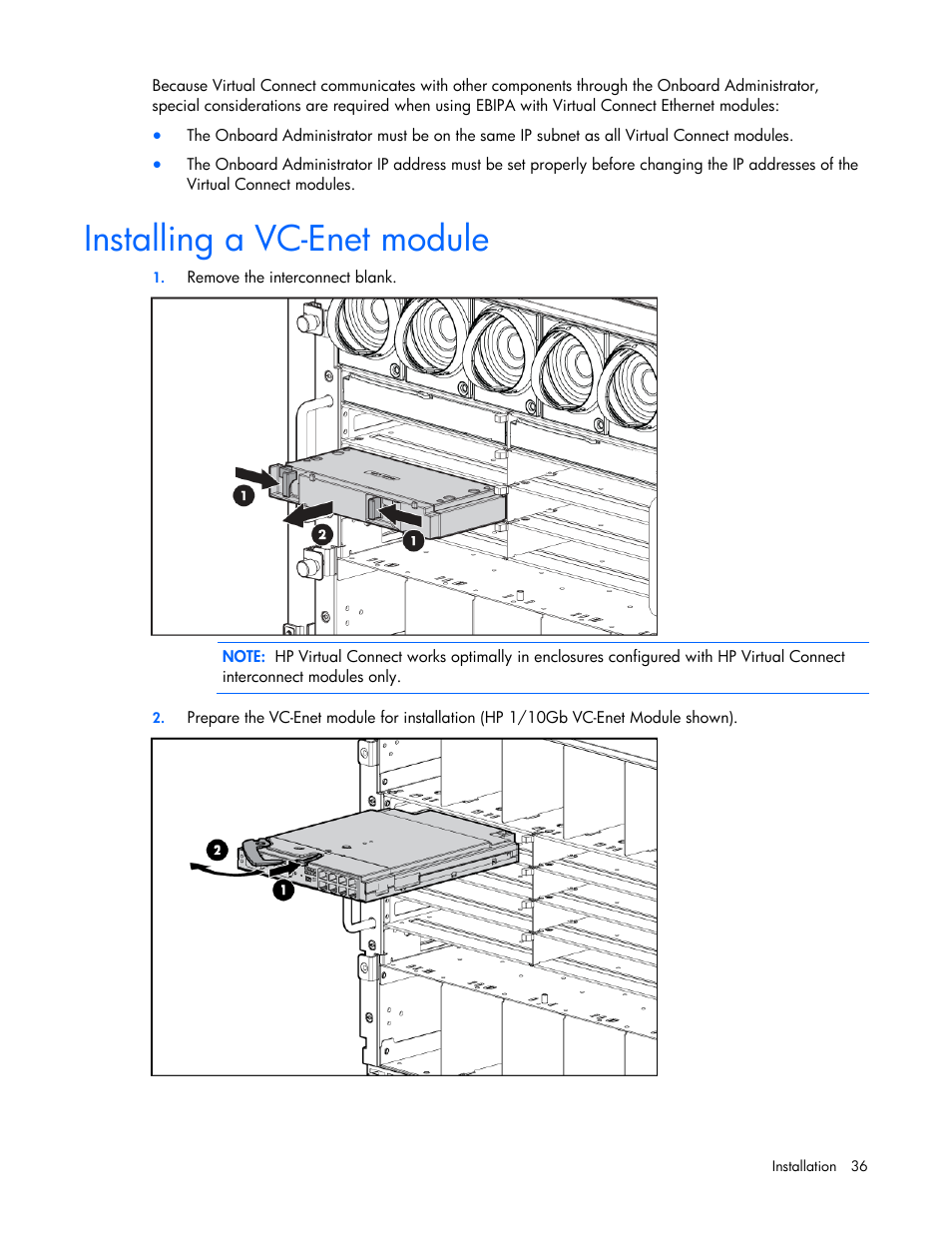 Installing a vc-enet module | HP Virtual Connect 1.10Gb-F Ethernet Module for c-Class BladeSystem User Manual | Page 36 / 242