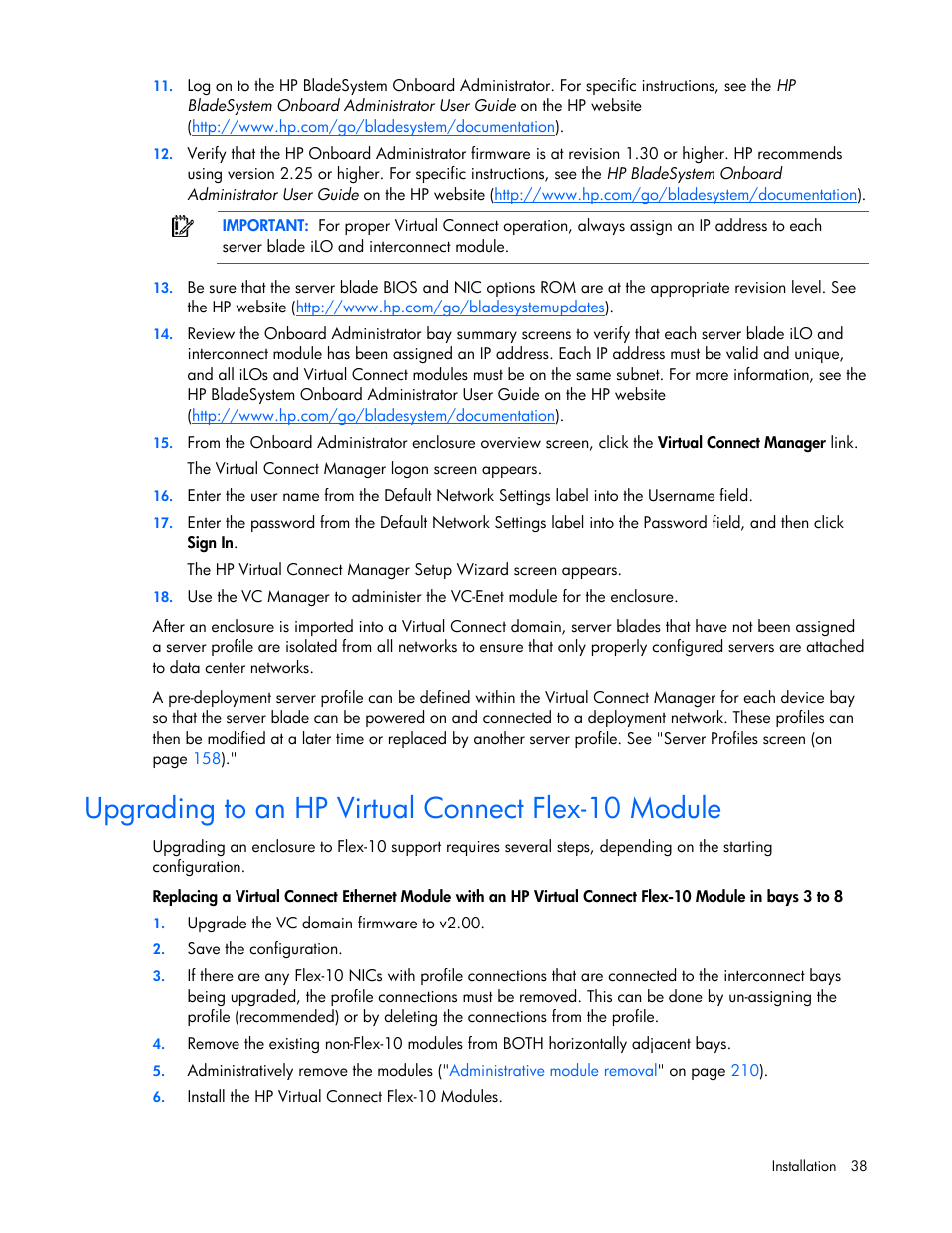 Upgrading to an hp virtual connect flex-10 module | HP Virtual Connect 1.10Gb-F Ethernet Module for c-Class BladeSystem User Manual | Page 38 / 242