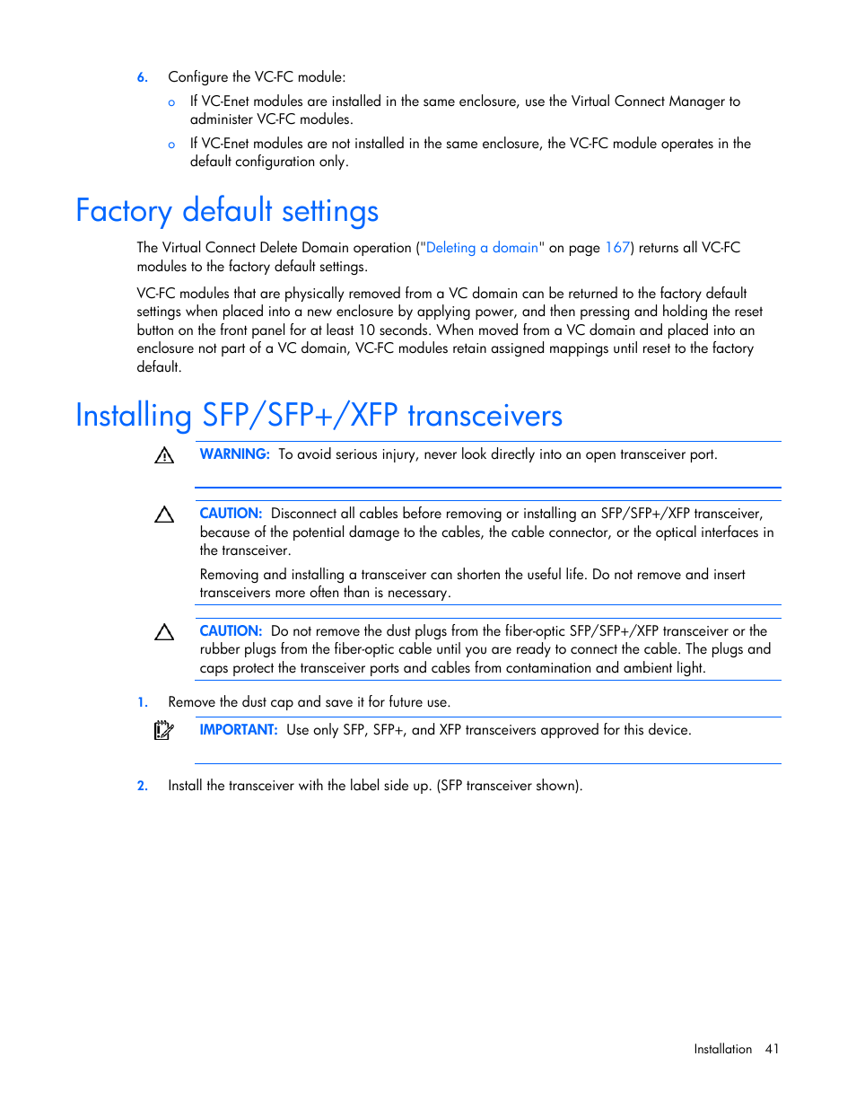 Factory default settings, Installing sfp/sfp+/xfp transceivers | HP Virtual Connect 1.10Gb-F Ethernet Module for c-Class BladeSystem User Manual | Page 41 / 242