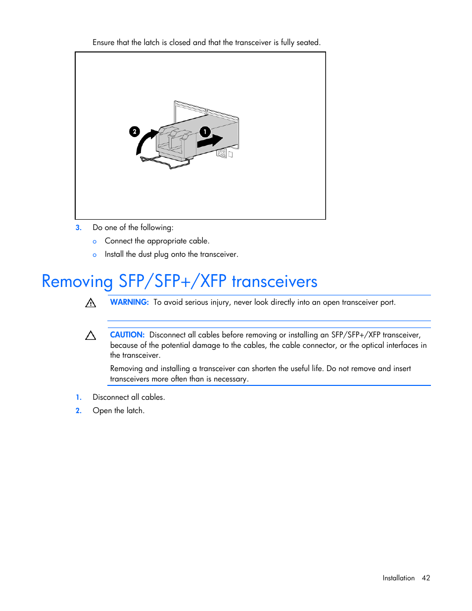 Removing sfp/sfp+/xfp transceivers | HP Virtual Connect 1.10Gb-F Ethernet Module for c-Class BladeSystem User Manual | Page 42 / 242