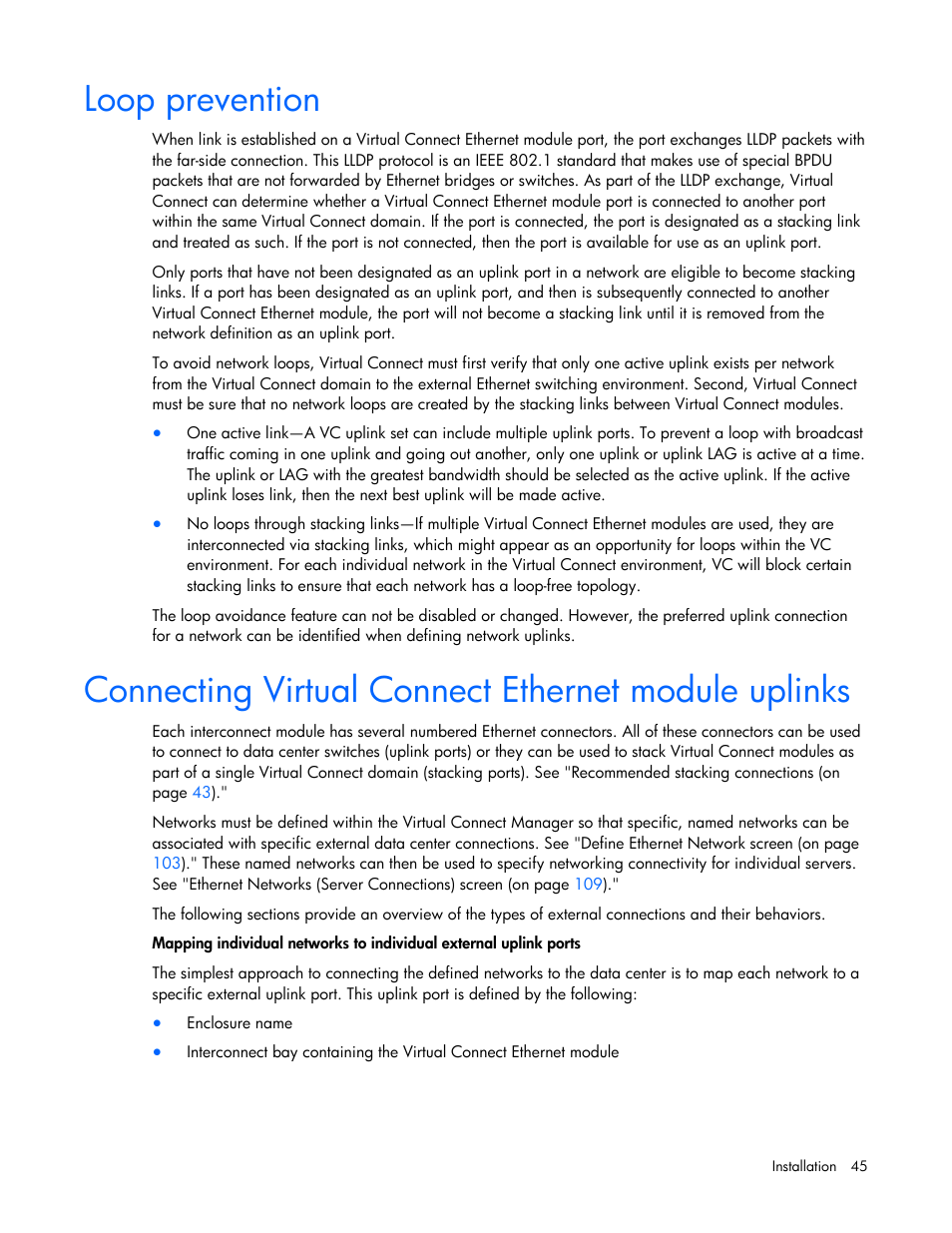 Loop prevention, Connecting virtual connect ethernet module uplinks | HP Virtual Connect 1.10Gb-F Ethernet Module for c-Class BladeSystem User Manual | Page 45 / 242