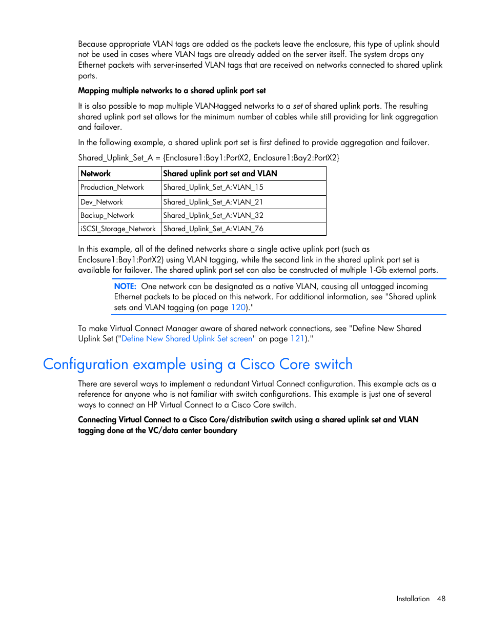 Configuration example using a cisco core switch | HP Virtual Connect 1.10Gb-F Ethernet Module for c-Class BladeSystem User Manual | Page 48 / 242