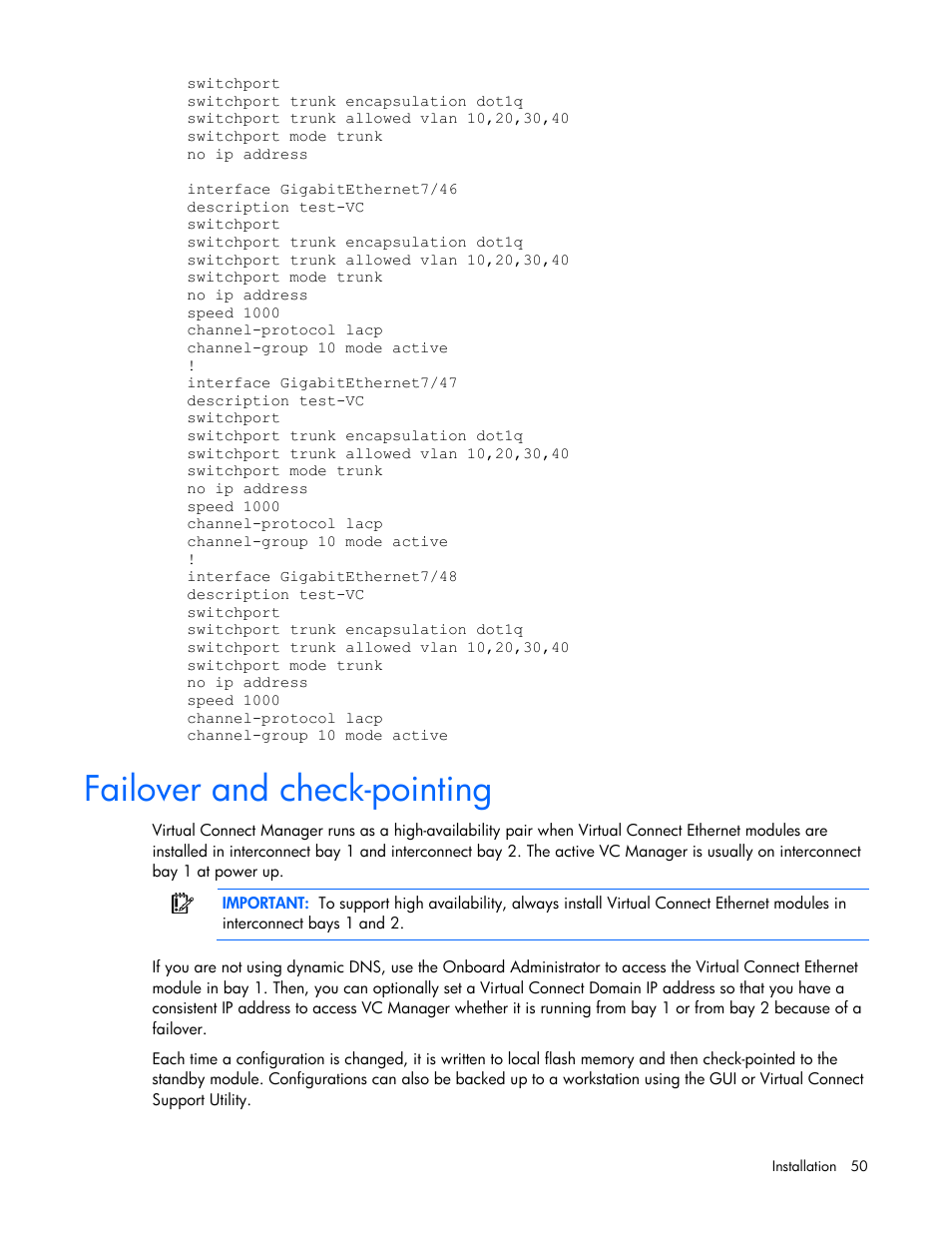 Failover and check-pointing | HP Virtual Connect 1.10Gb-F Ethernet Module for c-Class BladeSystem User Manual | Page 50 / 242