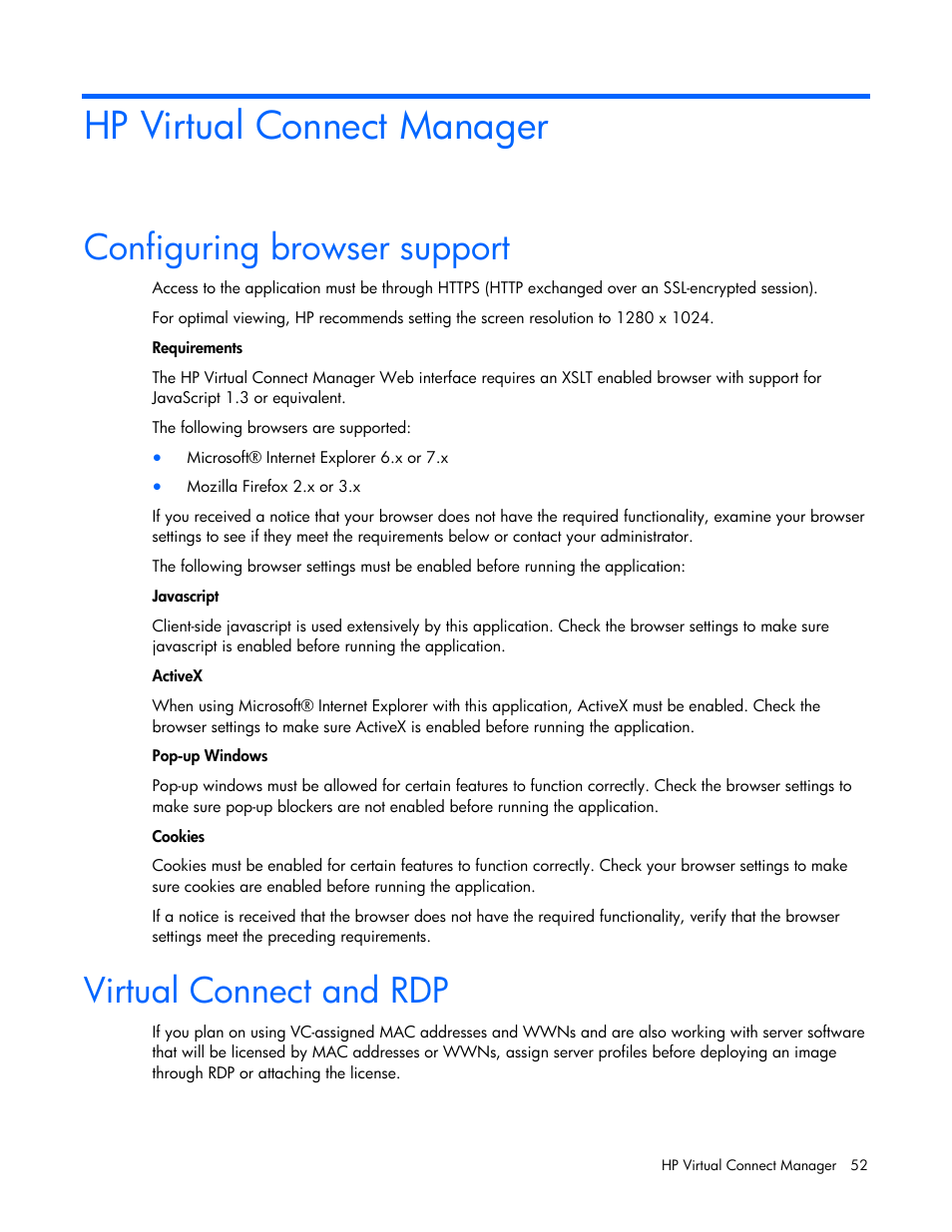 Hp virtual connect manager, Configuring browser support, Virtual connect and rdp | HP Virtual Connect 1.10Gb-F Ethernet Module for c-Class BladeSystem User Manual | Page 52 / 242