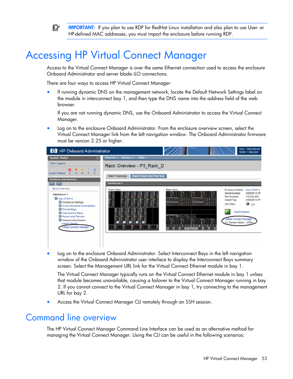 Accessing hp virtual connect manager, Command line overview | HP Virtual Connect 1.10Gb-F Ethernet Module for c-Class BladeSystem User Manual | Page 53 / 242