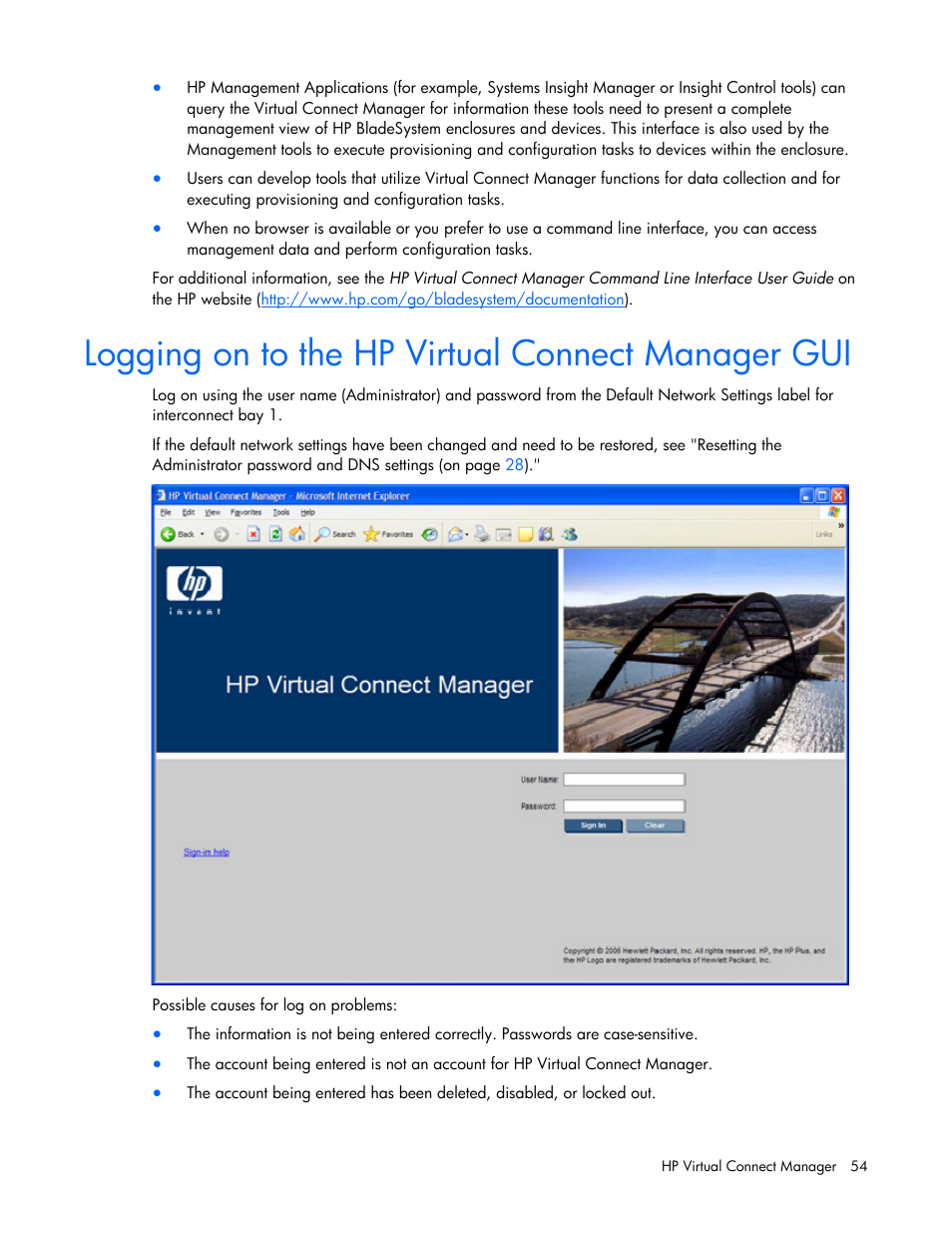 Logging on to the hp virtual connect manager gui | HP Virtual Connect 1.10Gb-F Ethernet Module for c-Class BladeSystem User Manual | Page 54 / 242