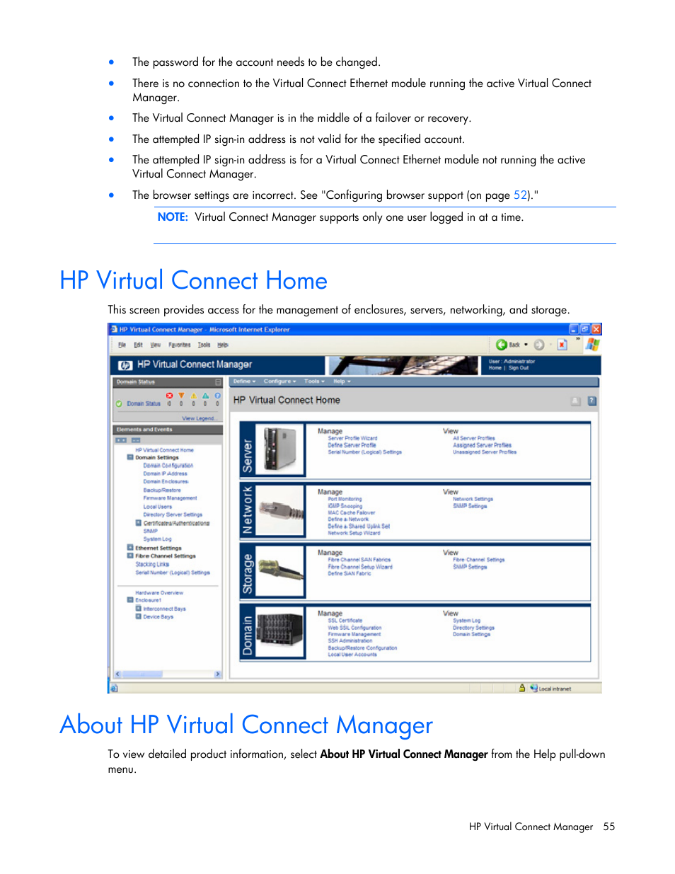Hp virtual connect home, About hp virtual connect manager | HP Virtual Connect 1.10Gb-F Ethernet Module for c-Class BladeSystem User Manual | Page 55 / 242