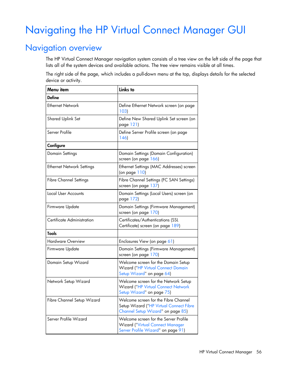 Navigating the hp virtual connect manager gui, Navigation overview | HP Virtual Connect 1.10Gb-F Ethernet Module for c-Class BladeSystem User Manual | Page 56 / 242