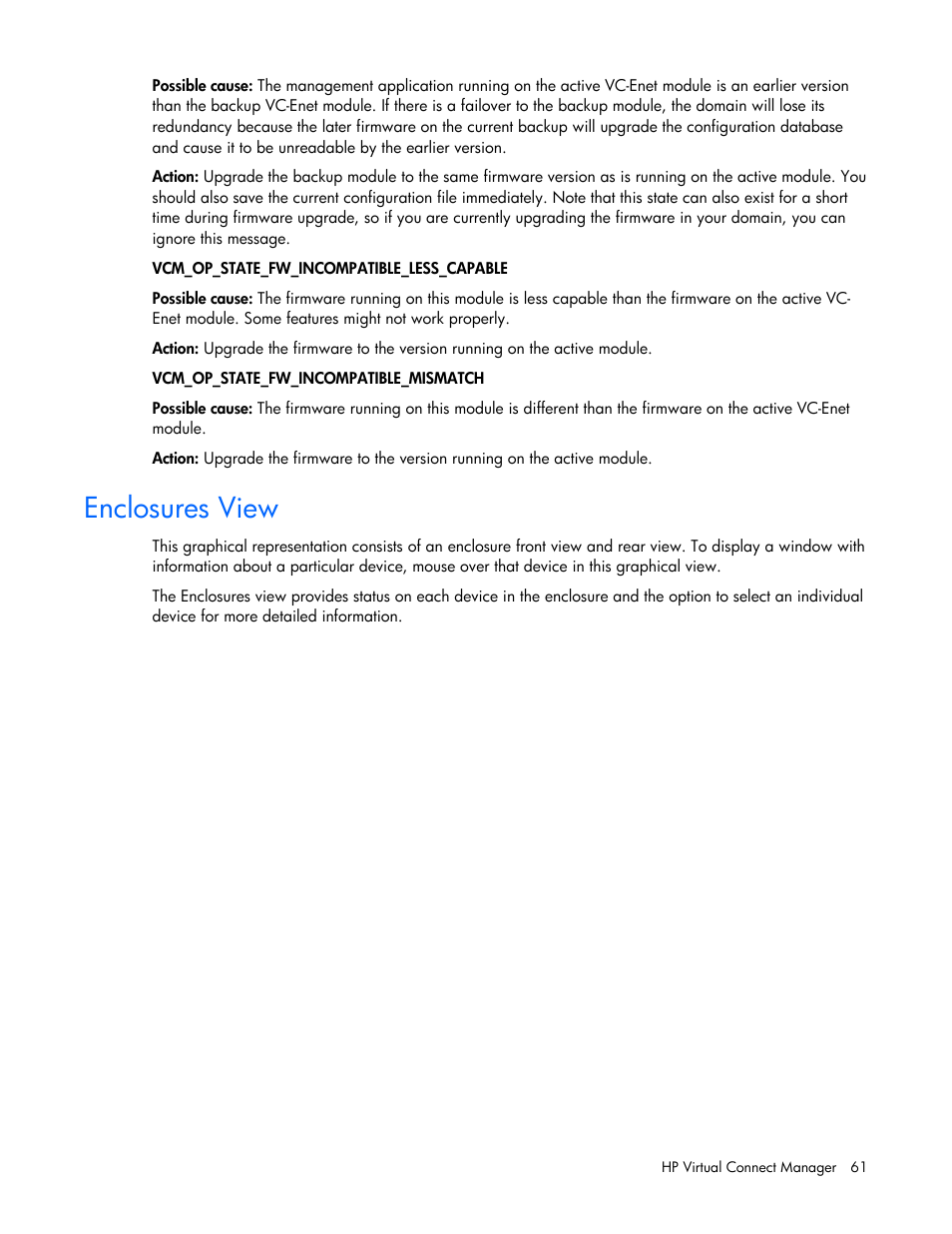 Enclosures view | HP Virtual Connect 1.10Gb-F Ethernet Module for c-Class BladeSystem User Manual | Page 61 / 242